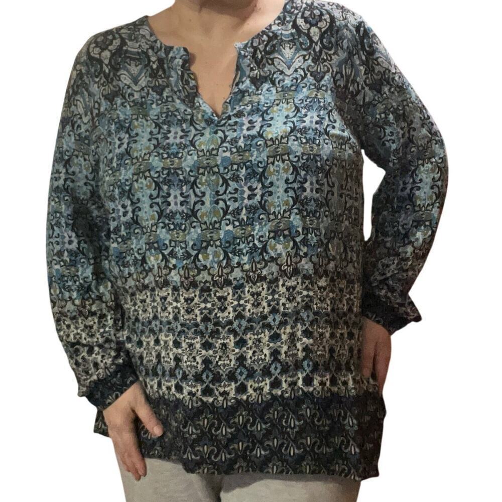 J.Jill Womens Damask Blue Print Long Sleeve Bouse Size XL